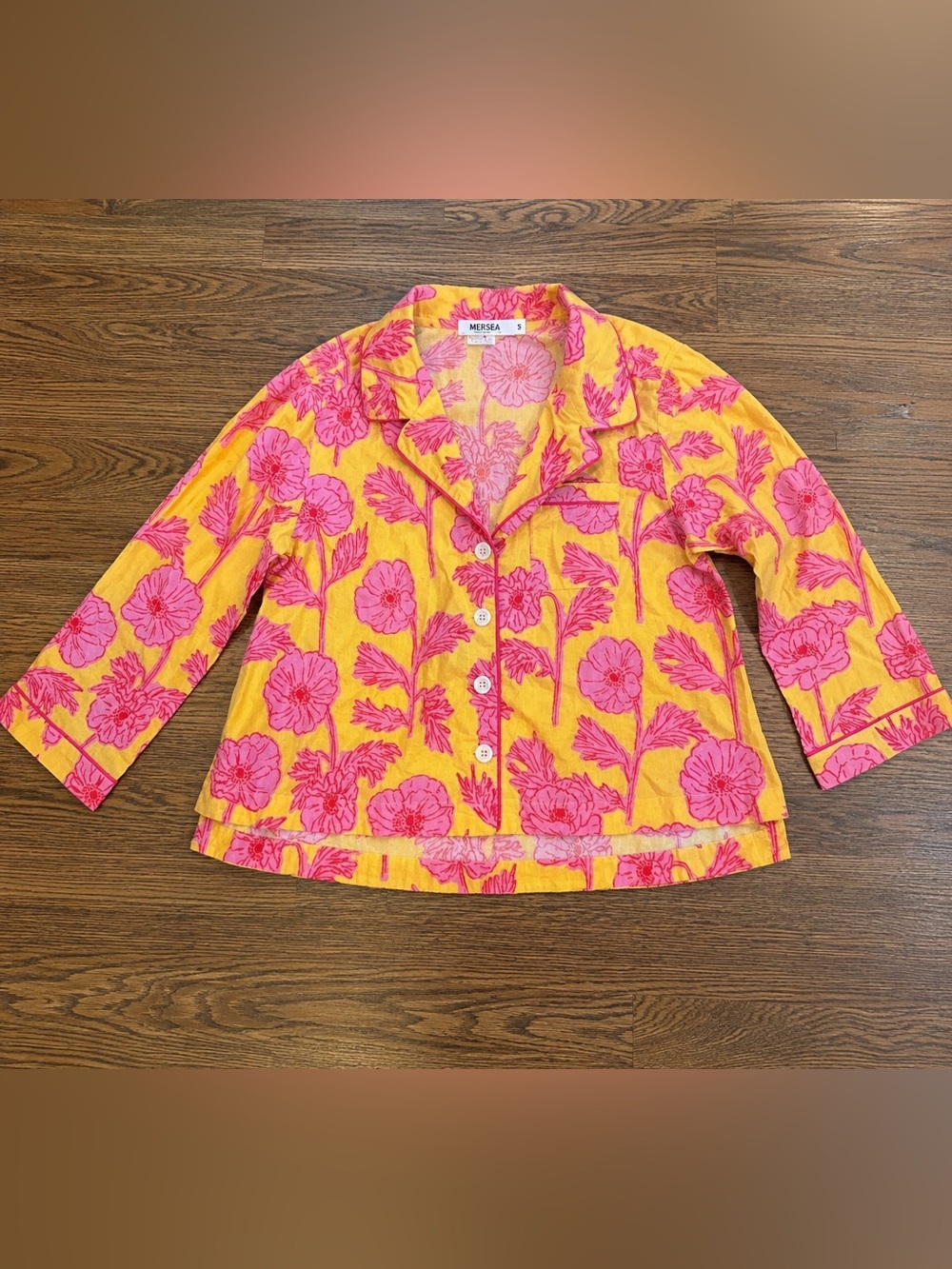 MERSEA Over the Cotton Moon Pajama Set S Block Poppy Floral 100% Cotton